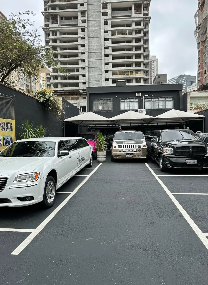Pátio coberto do showroom com parte da frota da Paris Vegas